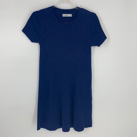 Zara Knit Women's Blue Ribbed Knit Short-Sleeve Crew Neck Dress size Medium - Picture 2 of 7